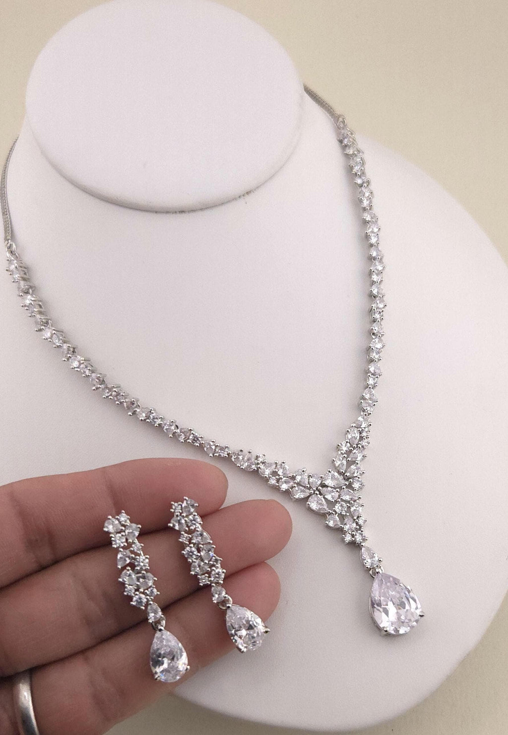 Teardrop Cubic Zirconia Y Necklace Set, Bridal Wedding Jewelry with Matching Earrings