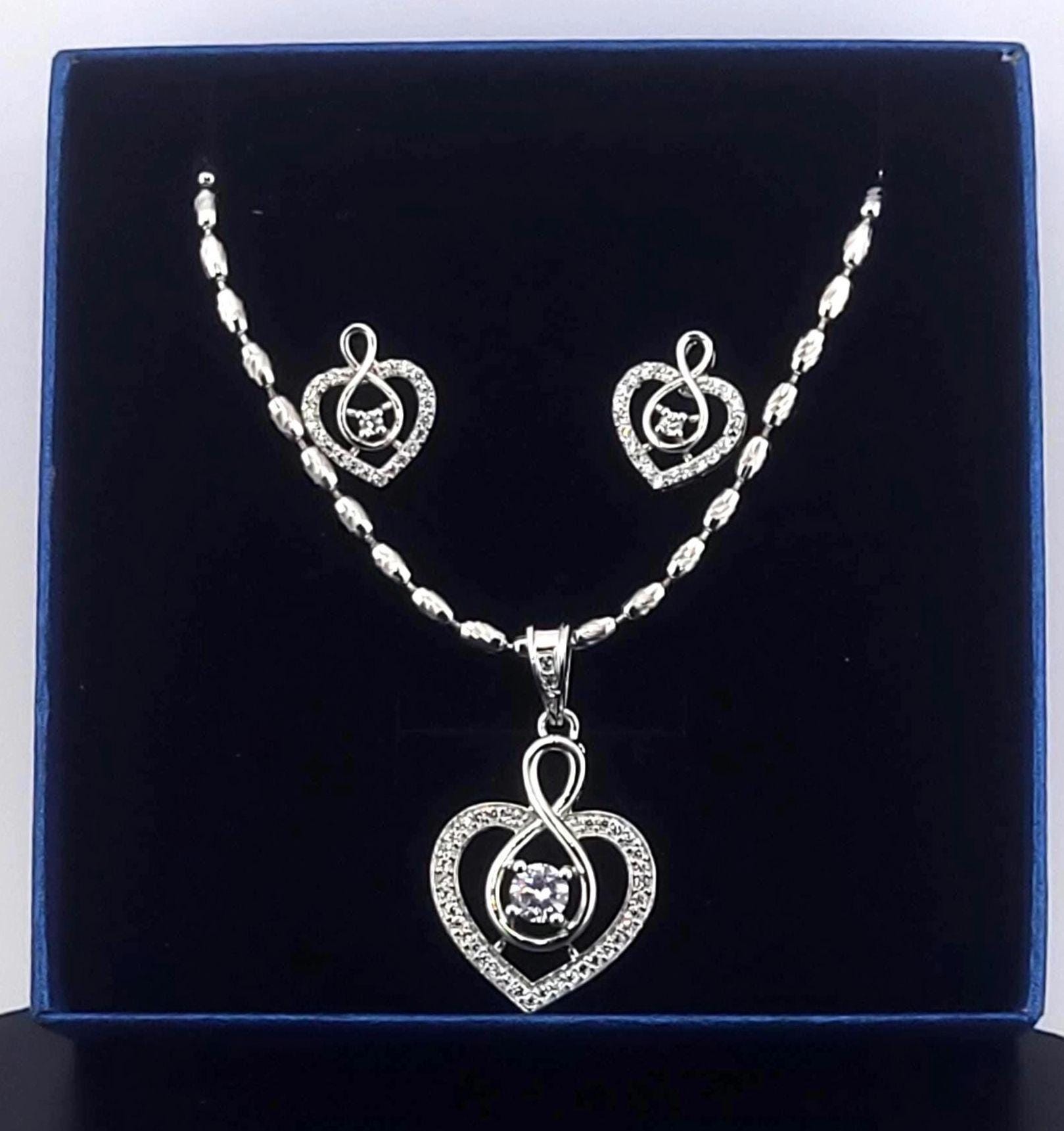 Heart CZ Pendant Necklace & Earrings Set – Pink or Clear, Silver Tone