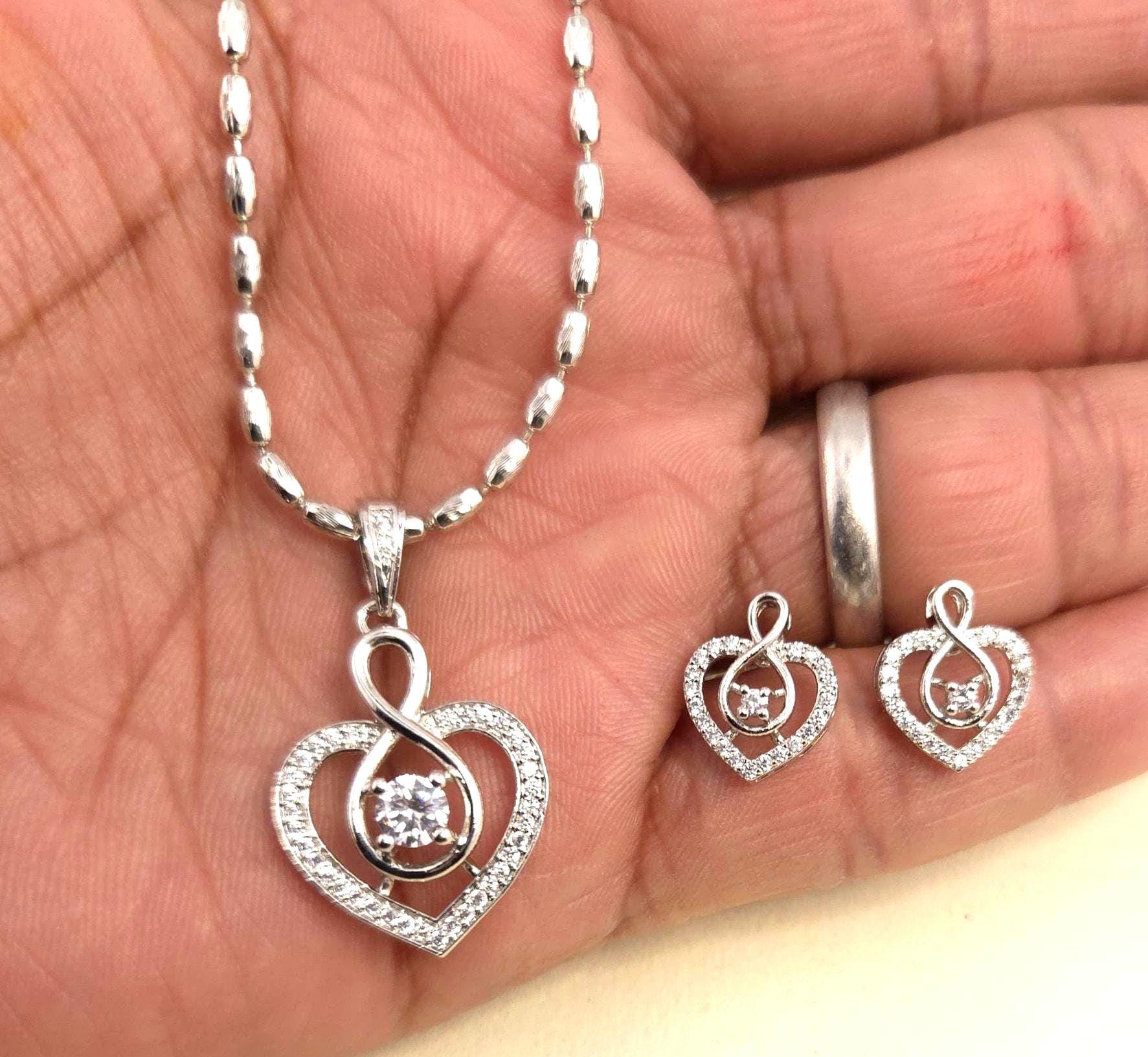 Heart CZ Pendant Necklace & Earrings Set – Pink or Clear, Silver Tone