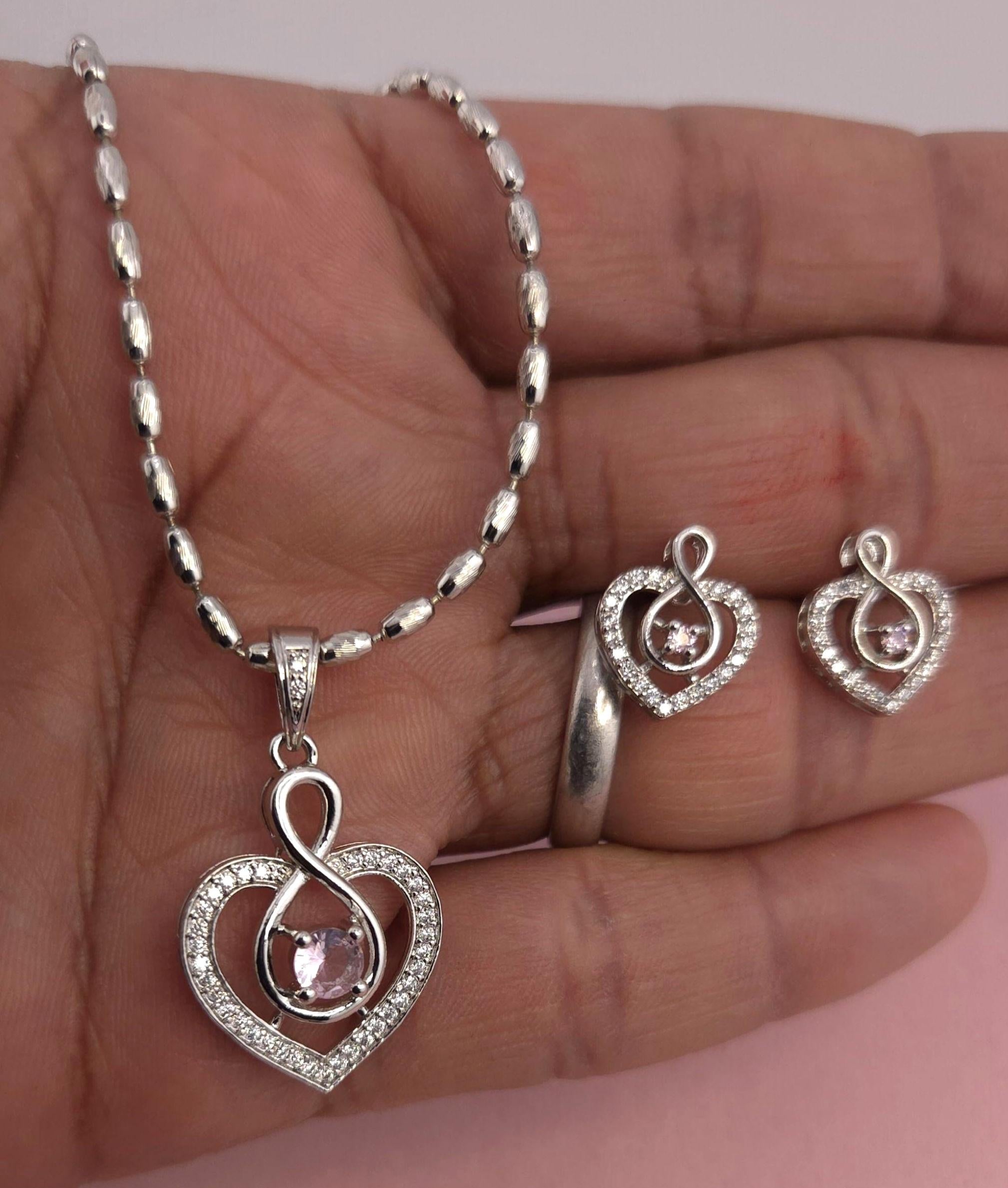 Heart CZ Pendant Necklace & Earrings Set – Pink or Clear, Silver Tone
