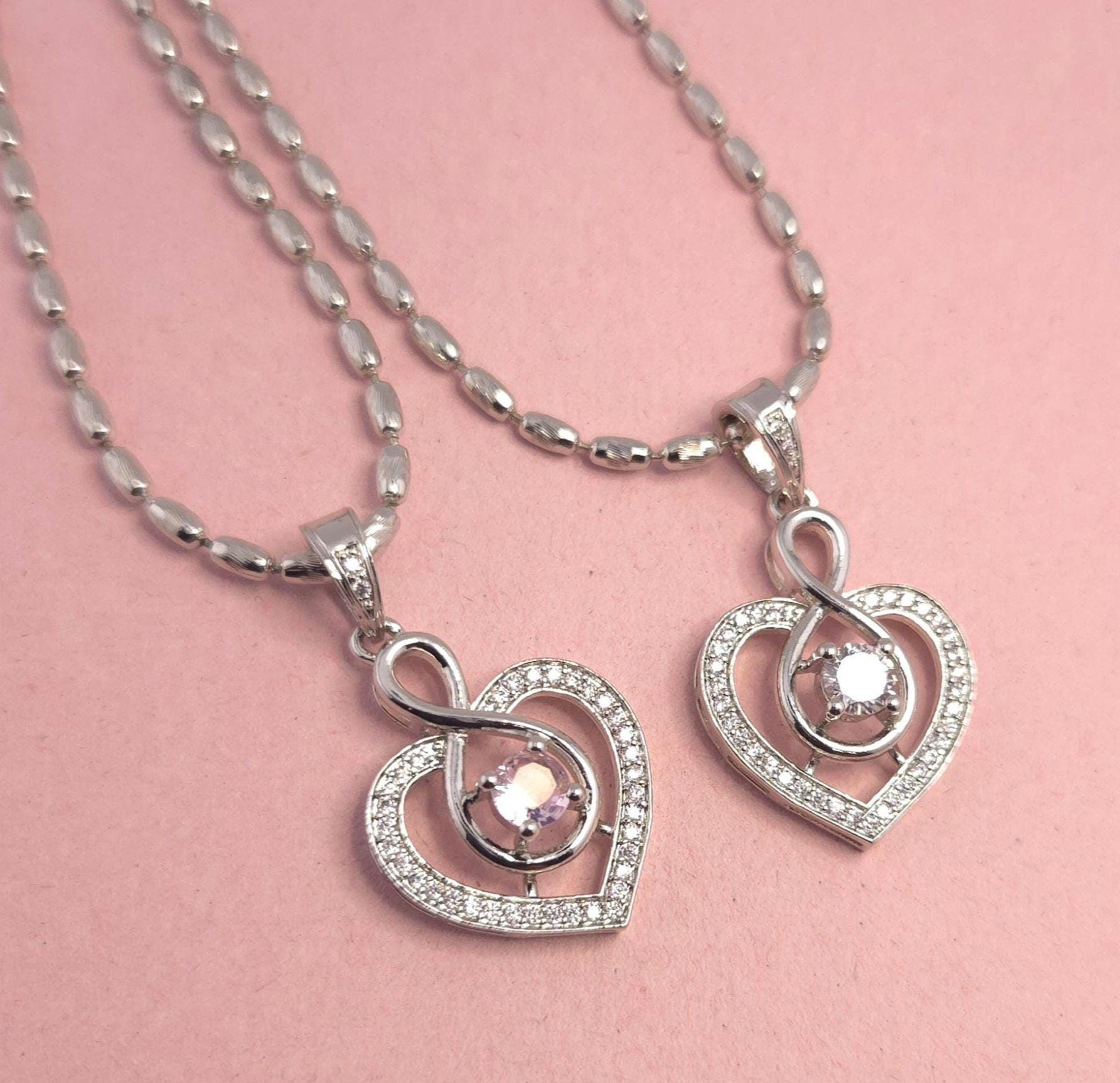 Heart CZ Pendant Necklace & Earrings Set – Pink or Clear, Silver Tone
