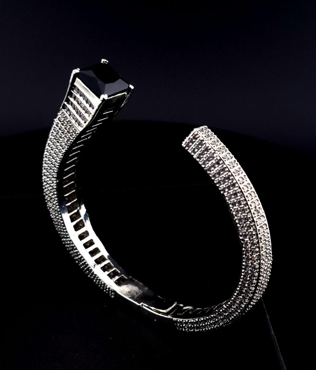 Silver Plated CZ Open Cuff Bracelet – Adjustable Wedding Bangle, Green or Black