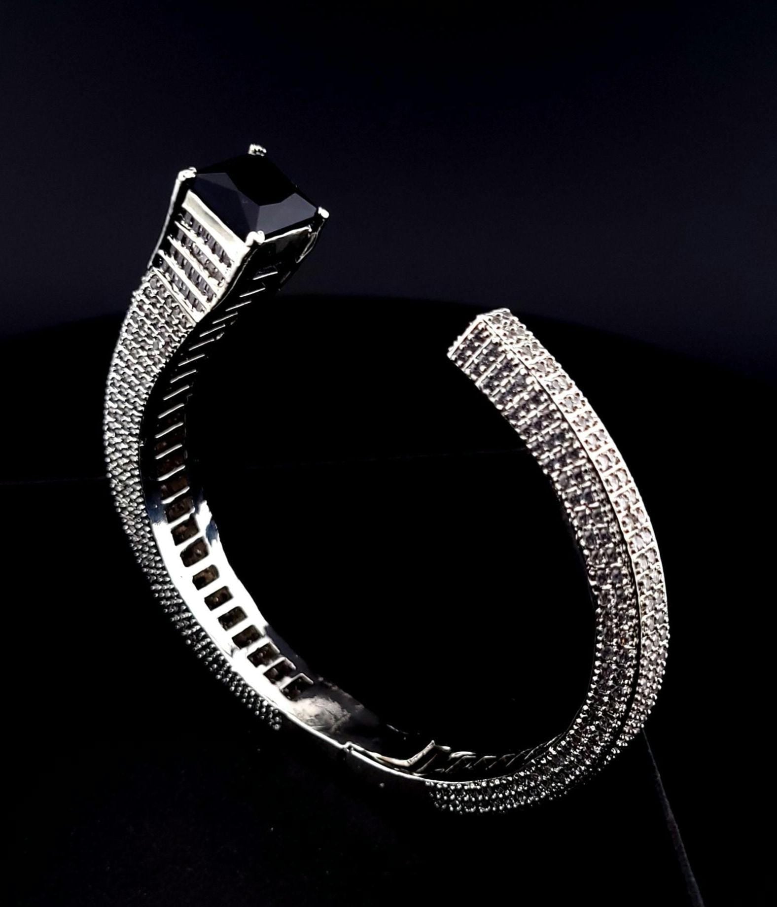 Silver Plated CZ Open Cuff Bracelet – Adjustable Wedding Bangle, Green or Black