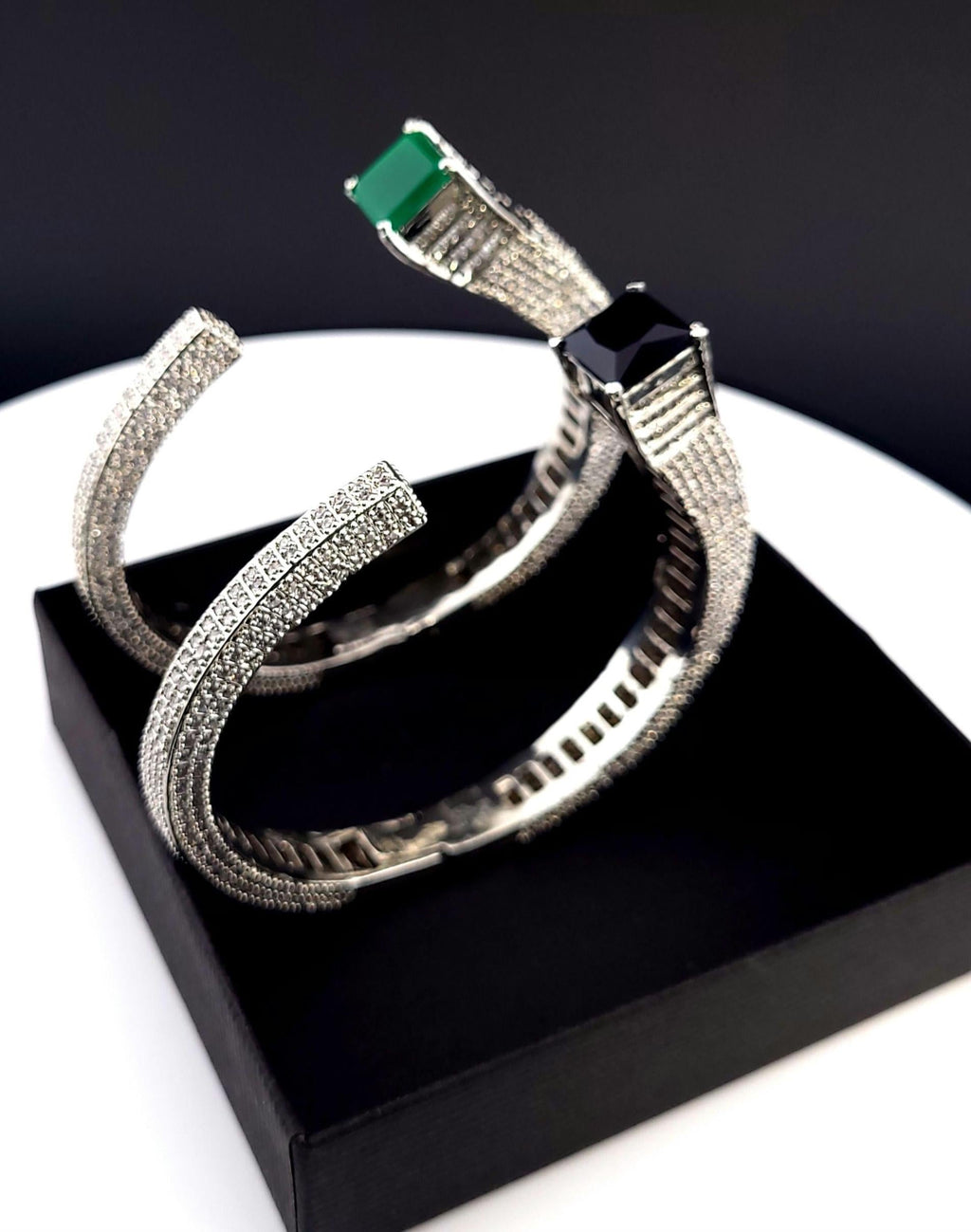 Silver Plated CZ Open Cuff Bracelet – Adjustable Wedding Bangle, Green or Black