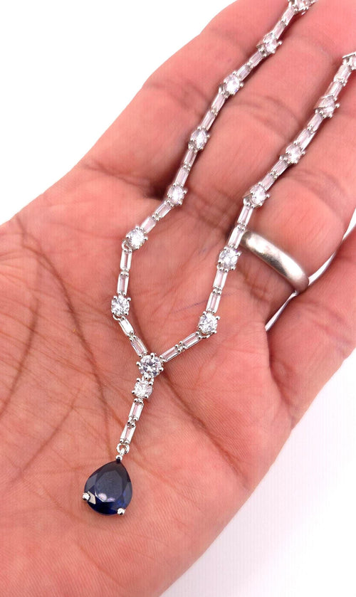 Blue Teardrop Cubic Zirconia Necklace Earrings Set | Silver Plated CZ Jewelry