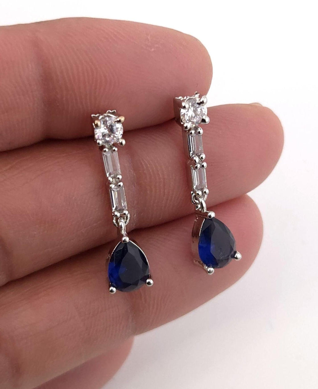 Blue Teardrop Cubic Zirconia Necklace Earrings Set | Silver Plated CZ Jewelry