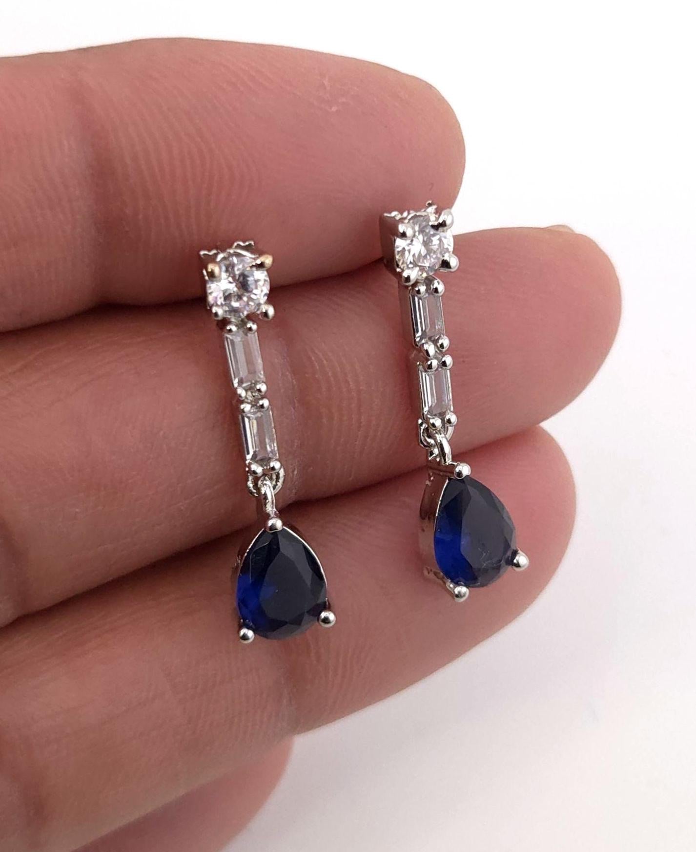 Blue Teardrop Cubic Zirconia Necklace Earrings Set | Silver Plated CZ Jewelry