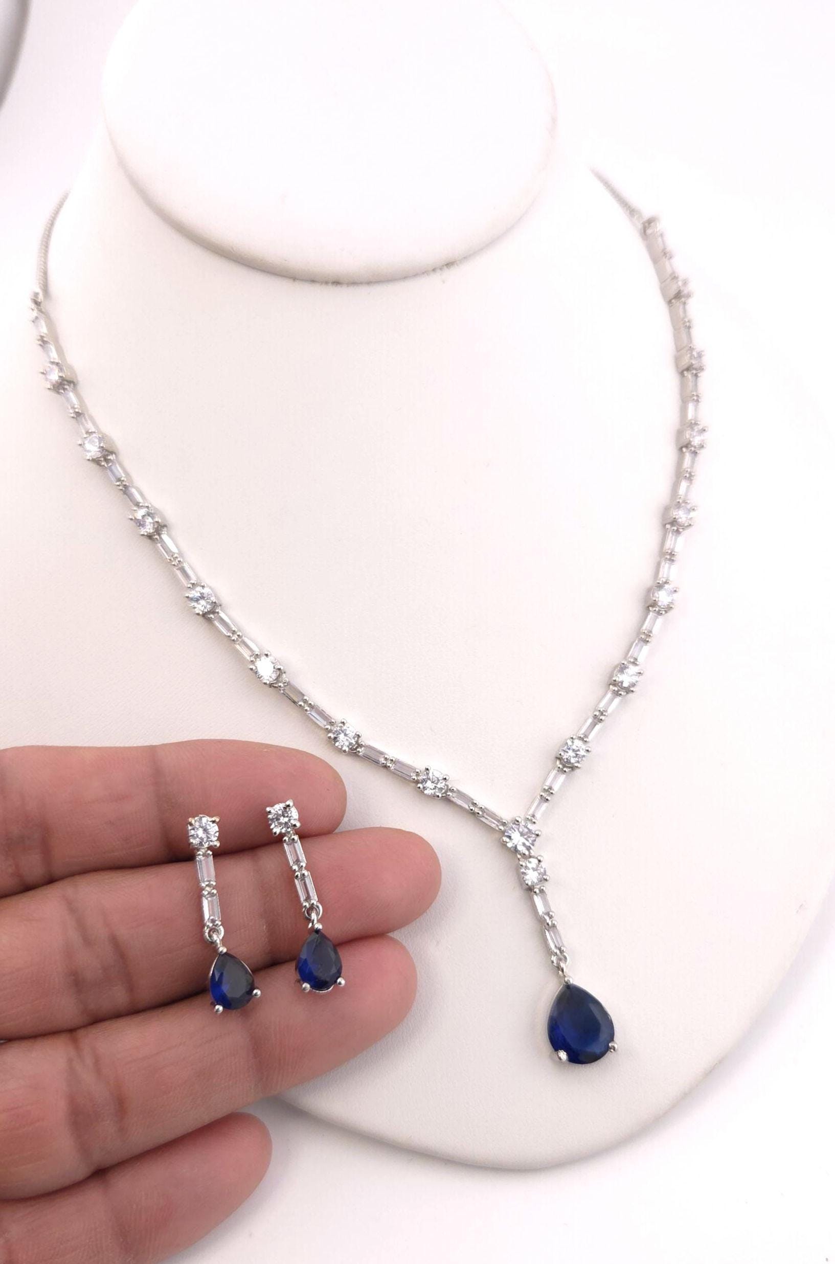 Blue Teardrop Cubic Zirconia Necklace Earrings Set | Silver Plated CZ Jewelry