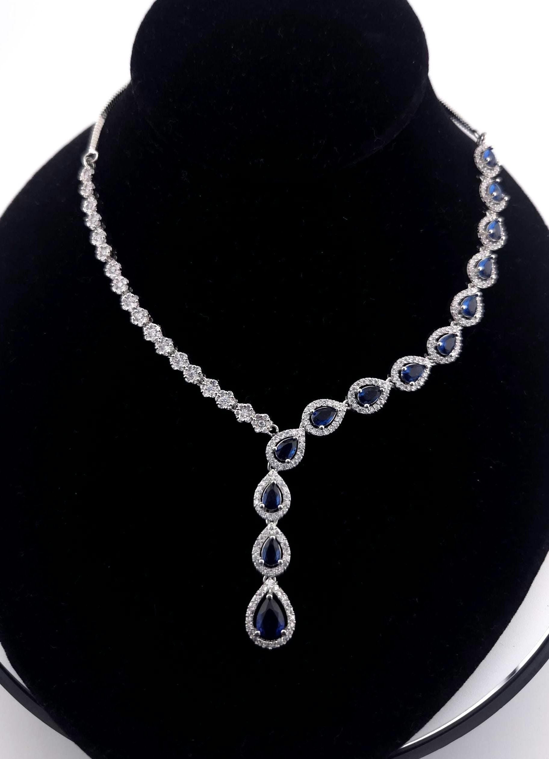 Teardrop CZ Y Necklace & Earring Set | Silver Plated | Silver, Blue & Yellow