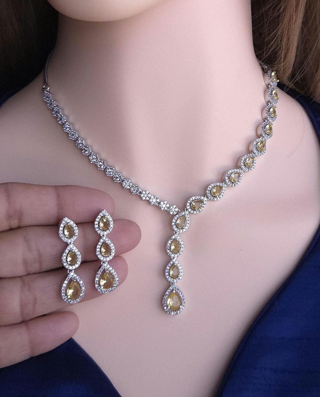 Teardrop CZ Y Necklace & Earring Set | Silver Plated | Silver, Blue & Yellow