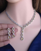 Teardrop CZ Y Necklace & Earring Set | Silver Plated | Silver, Blue & Yellow