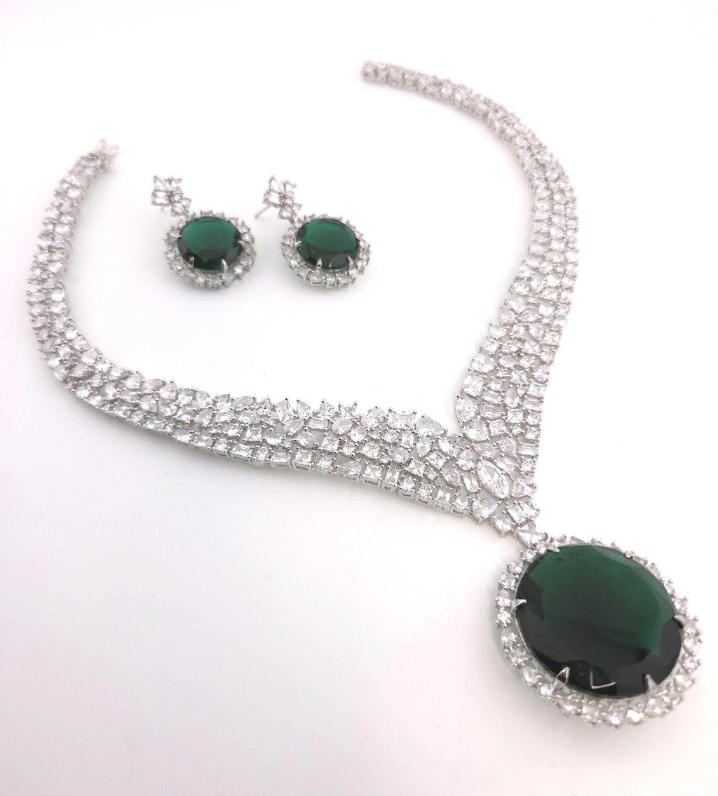 Emerald Green CZ Necklace & Earrings Set – Silver Plated Indian Bridal Jewelry