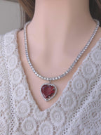 Red Heart Crystal Pendant Necklace, Tennis Chain, Silver-Tone Plating, Cubic Zirconia