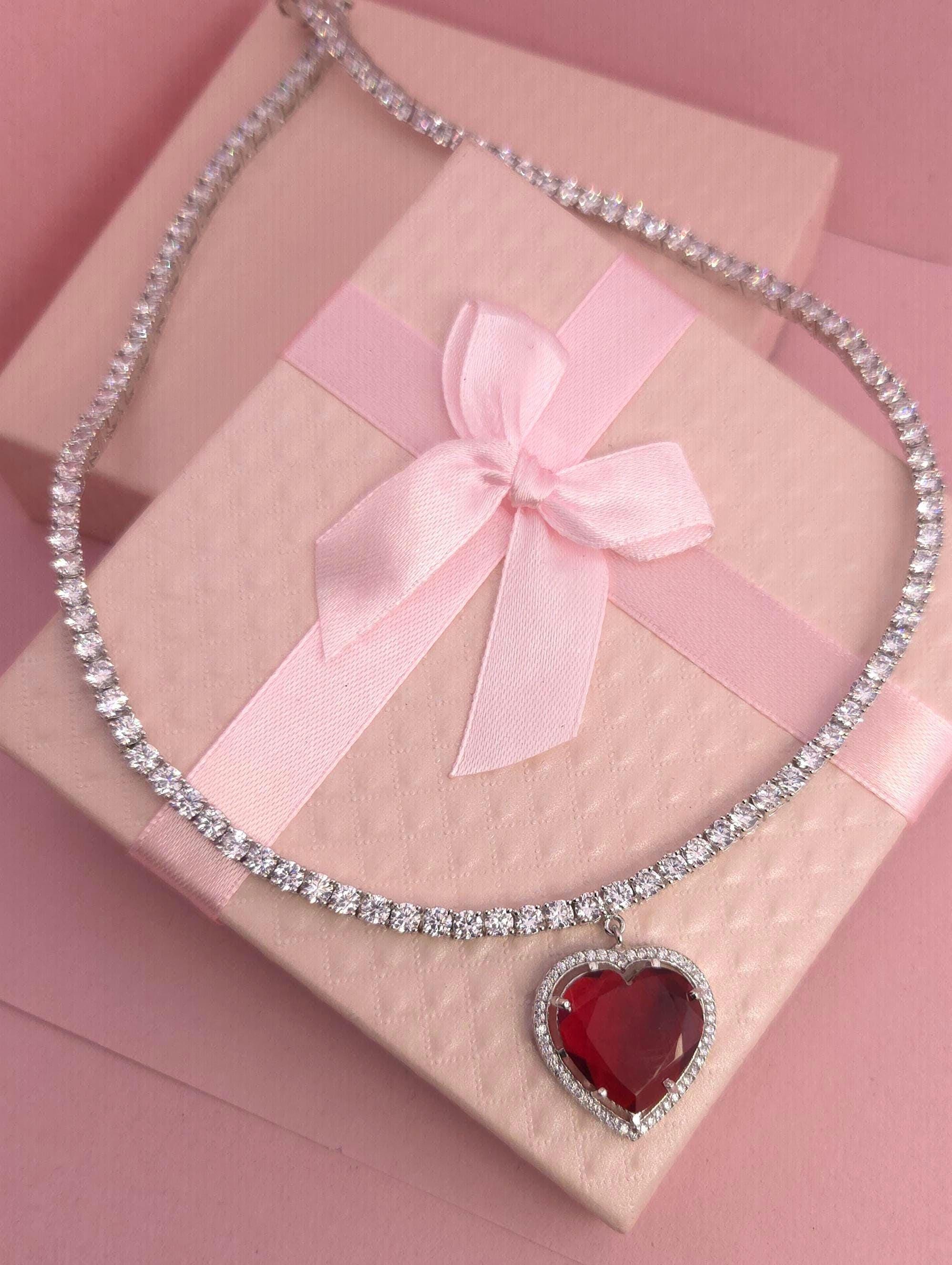 Red Heart Crystal Pendant Necklace, Tennis Chain, Silver-Tone Plating, Cubic Zirconia