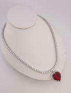 Red Heart Crystal Pendant Necklace, Tennis Chain, Silver-Tone Plating, Cubic Zirconia