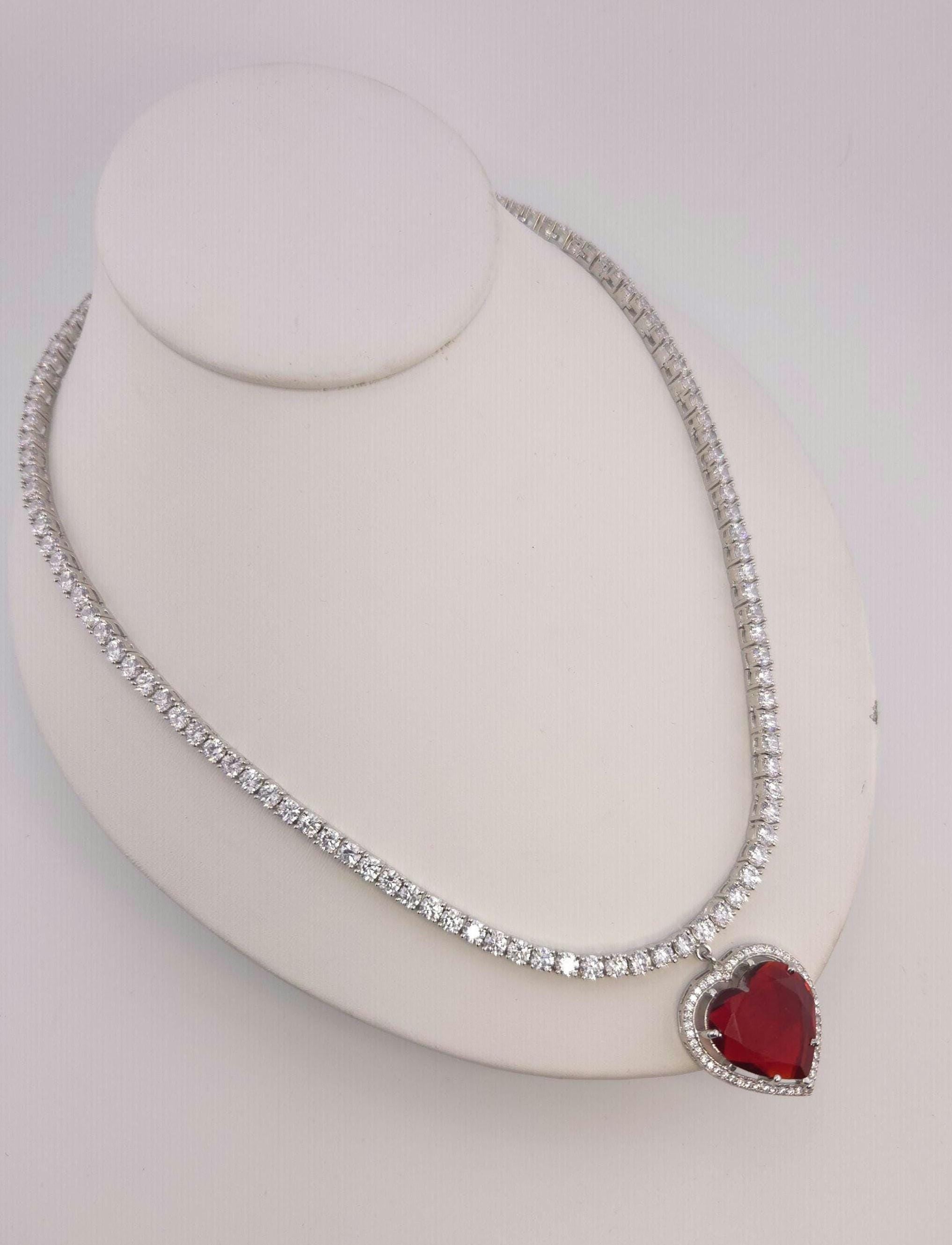 Red Heart Crystal Pendant Necklace, Tennis Chain, Silver-Tone Plating, Cubic Zirconia