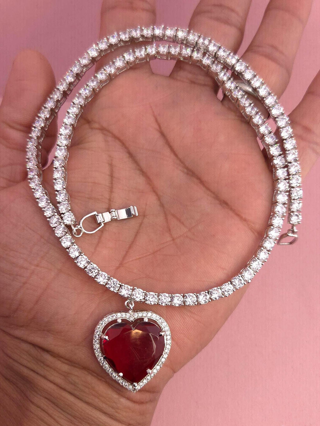 Red Heart Crystal Pendant Necklace, Tennis Chain, Silver-Tone Plating, Cubic Zirconia
