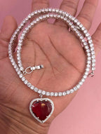 Red Heart Crystal Pendant Necklace, Tennis Chain, Silver-Tone Plating, Cubic Zirconia