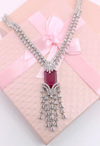 Ruby Red Cubic Zirconia Necklace Earrings Set | Silver Plated Bridal Statement Jewelry
