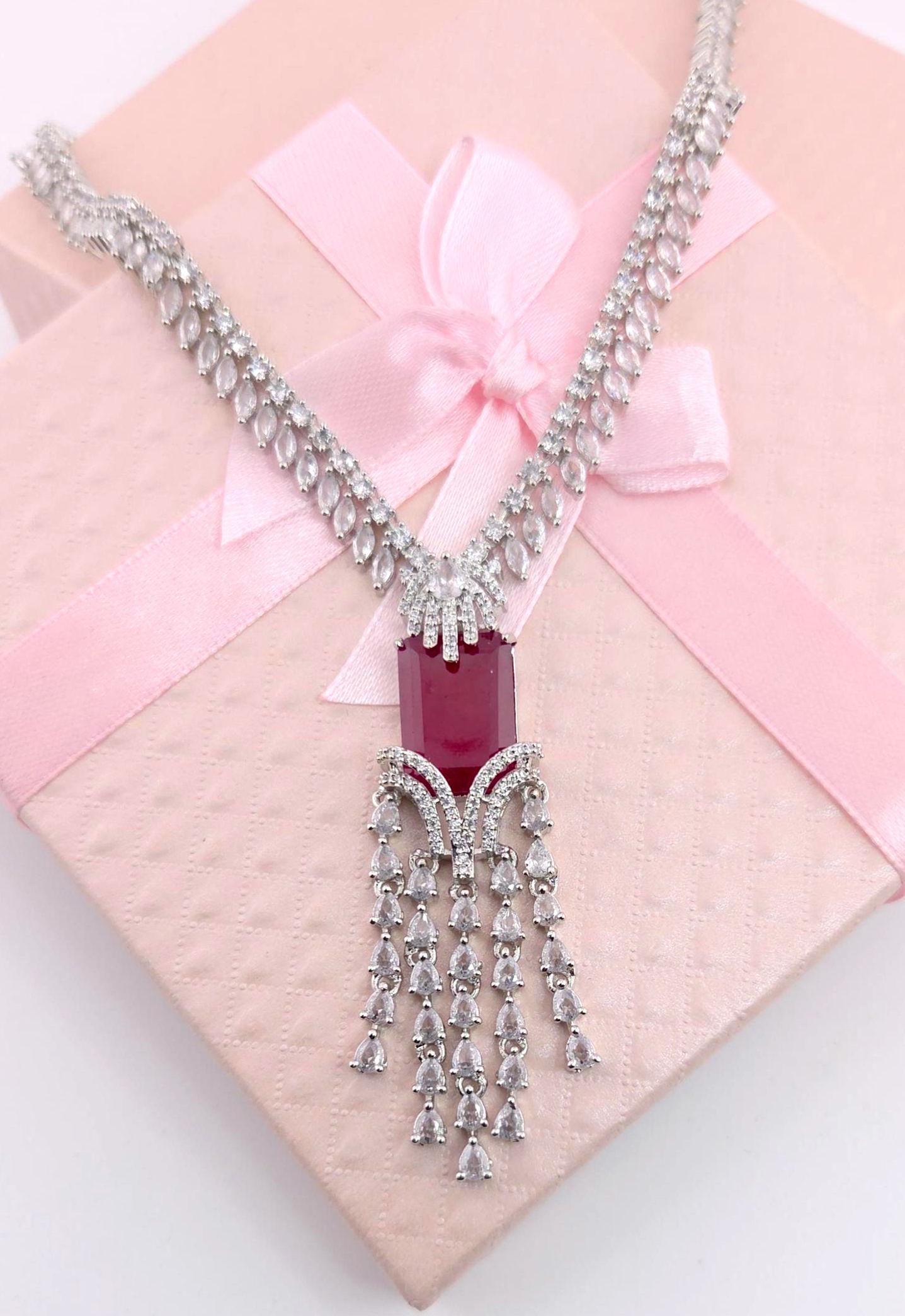 Ruby Red Cubic Zirconia Necklace Earrings Set | Silver Plated Bridal Statement Jewelry