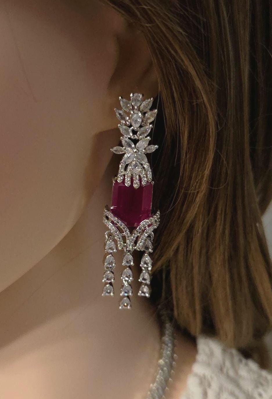 Ruby Red Cubic Zirconia Necklace Earrings Set | Silver Plated Bridal Statement Jewelry