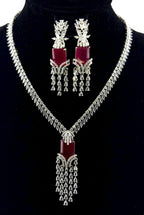 Ruby Red Cubic Zirconia Necklace Earrings Set | Silver Plated Bridal Statement Jewelry