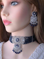 Navy Blue Kundan Choker Necklace Set | Silver Finish Bridal Jewelry
