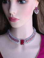 Ruby Red & Purple Emerald-Cut CZ Choker Necklace Set, Silver Bridal Statement Jewelry