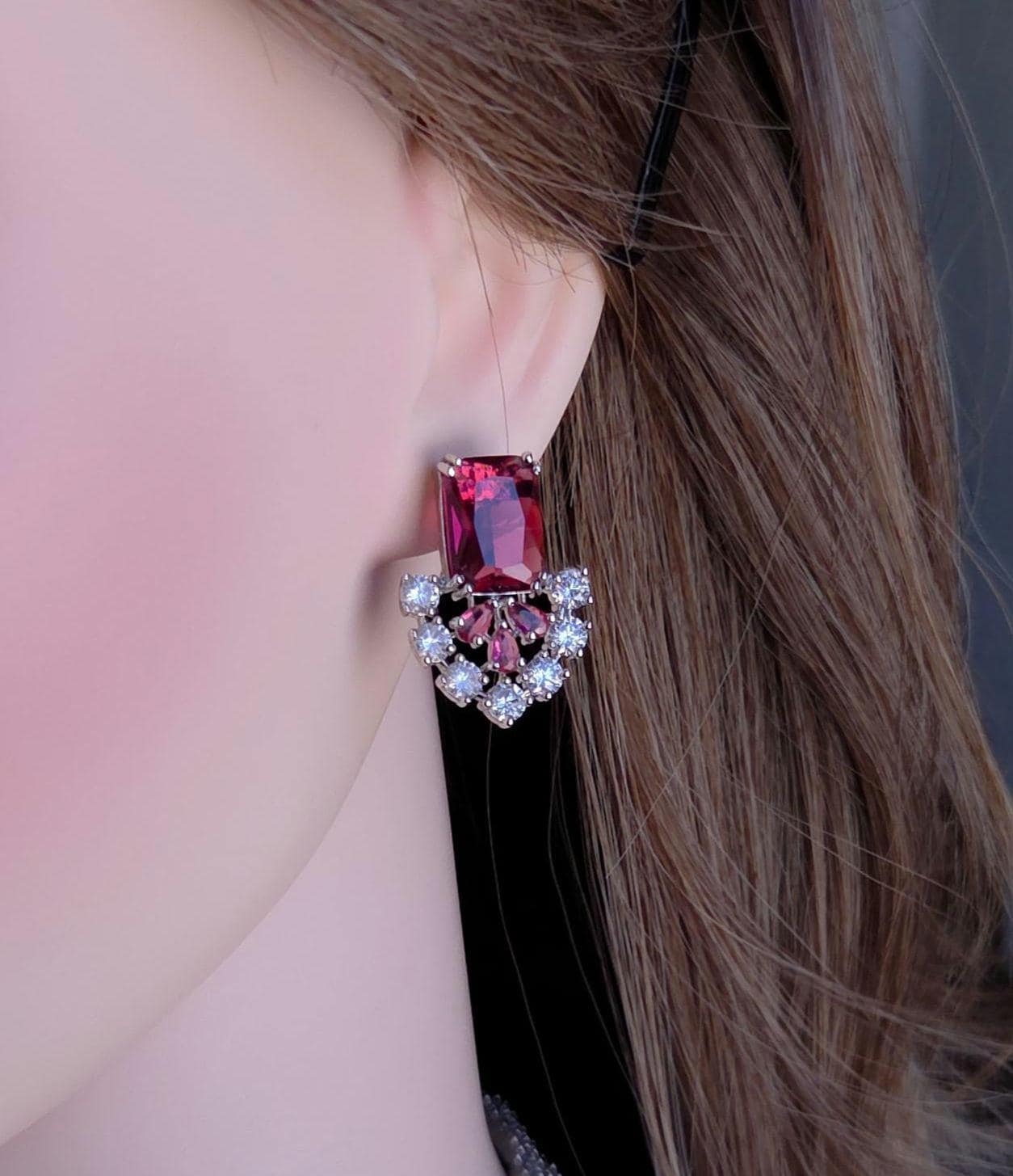 Ruby Red & Purple Emerald-Cut CZ Choker Necklace Set, Silver Bridal Statement Jewelry