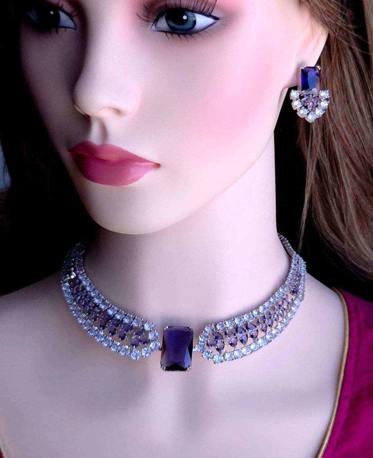 Ruby Red & Purple Emerald-Cut CZ Choker Necklace Set, Silver Bridal Statement Jewelry