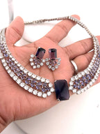 Ruby Red & Purple Emerald-Cut CZ Choker Necklace Set, Silver Bridal Statement Jewelry