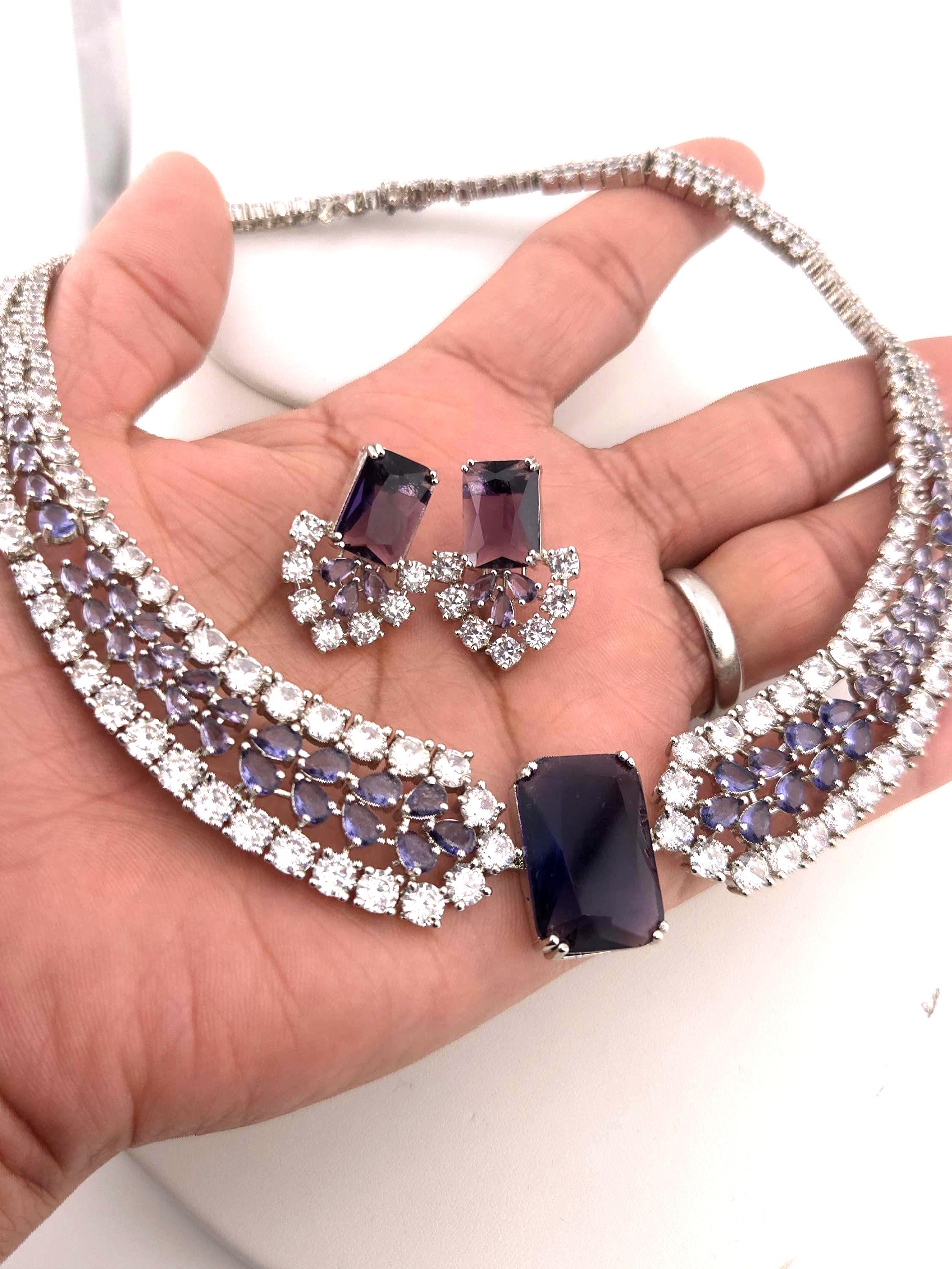 Ruby Red & Purple Emerald-Cut CZ Choker Necklace Set, Silver Bridal Statement Jewelry