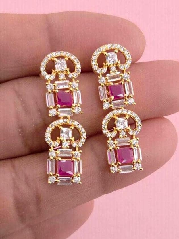 Pink Magenta CZ Choker Necklace & Earrings Set – Gold Plated Bridal Jewelry