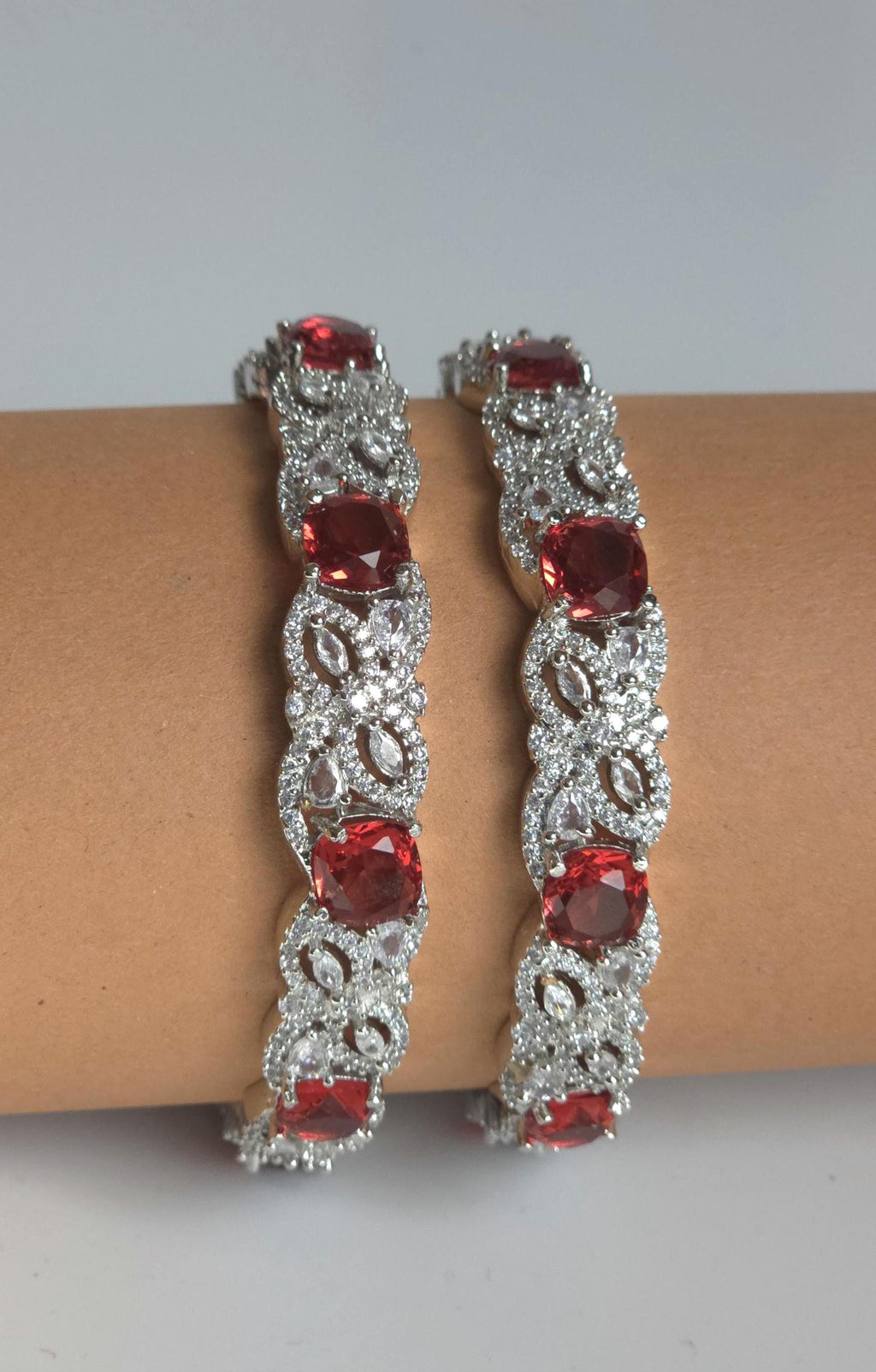Red Floral AD Bangle Set, Ruby Stone Wedding Bangles, Elegant Indian Bracelet for Bridal & Bridesmaid Wear