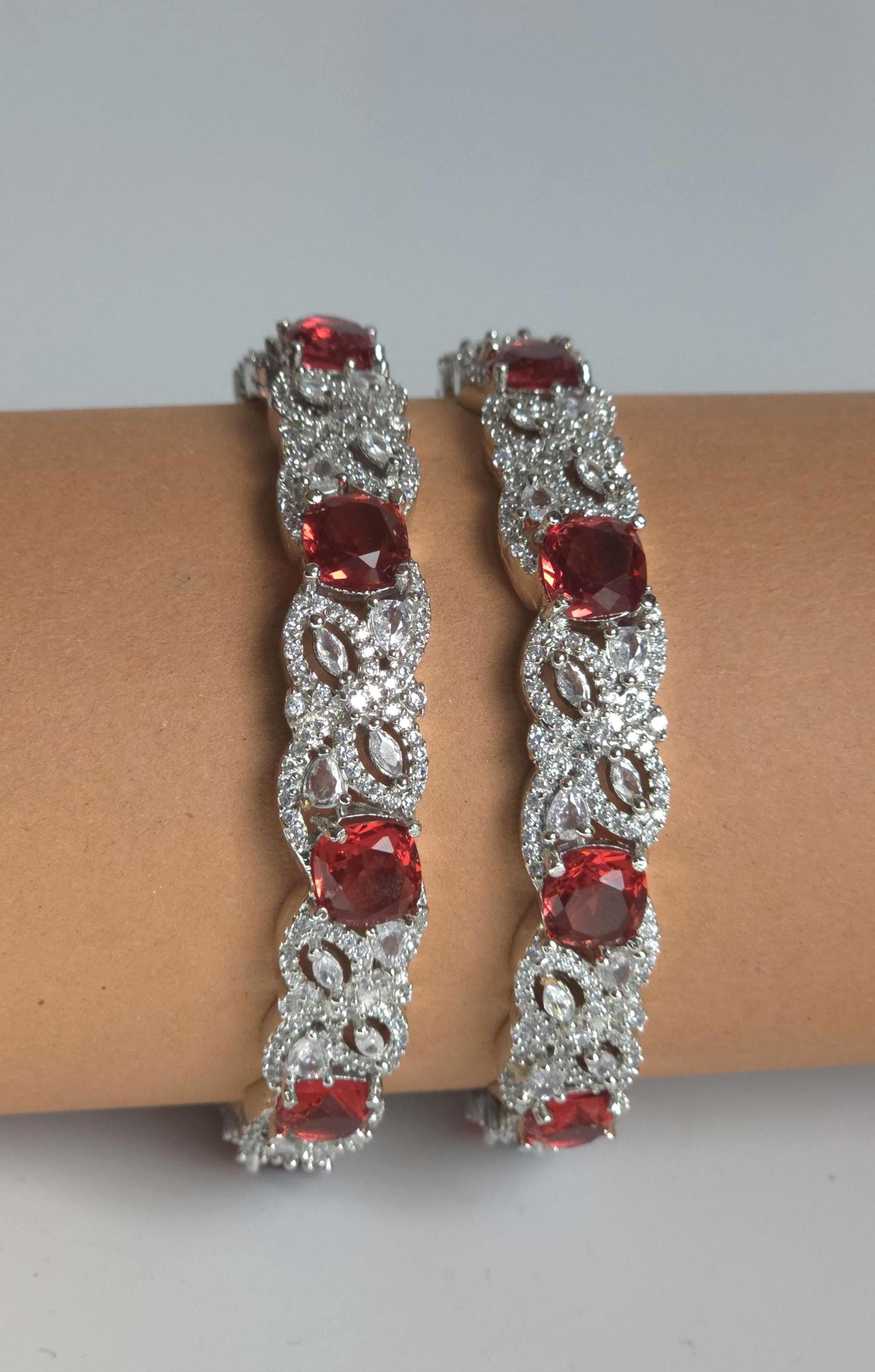 Red Floral AD Bangle Set, Ruby Stone Wedding Bangles, Elegant Indian Bracelet for Bridal & Bridesmaid Wear