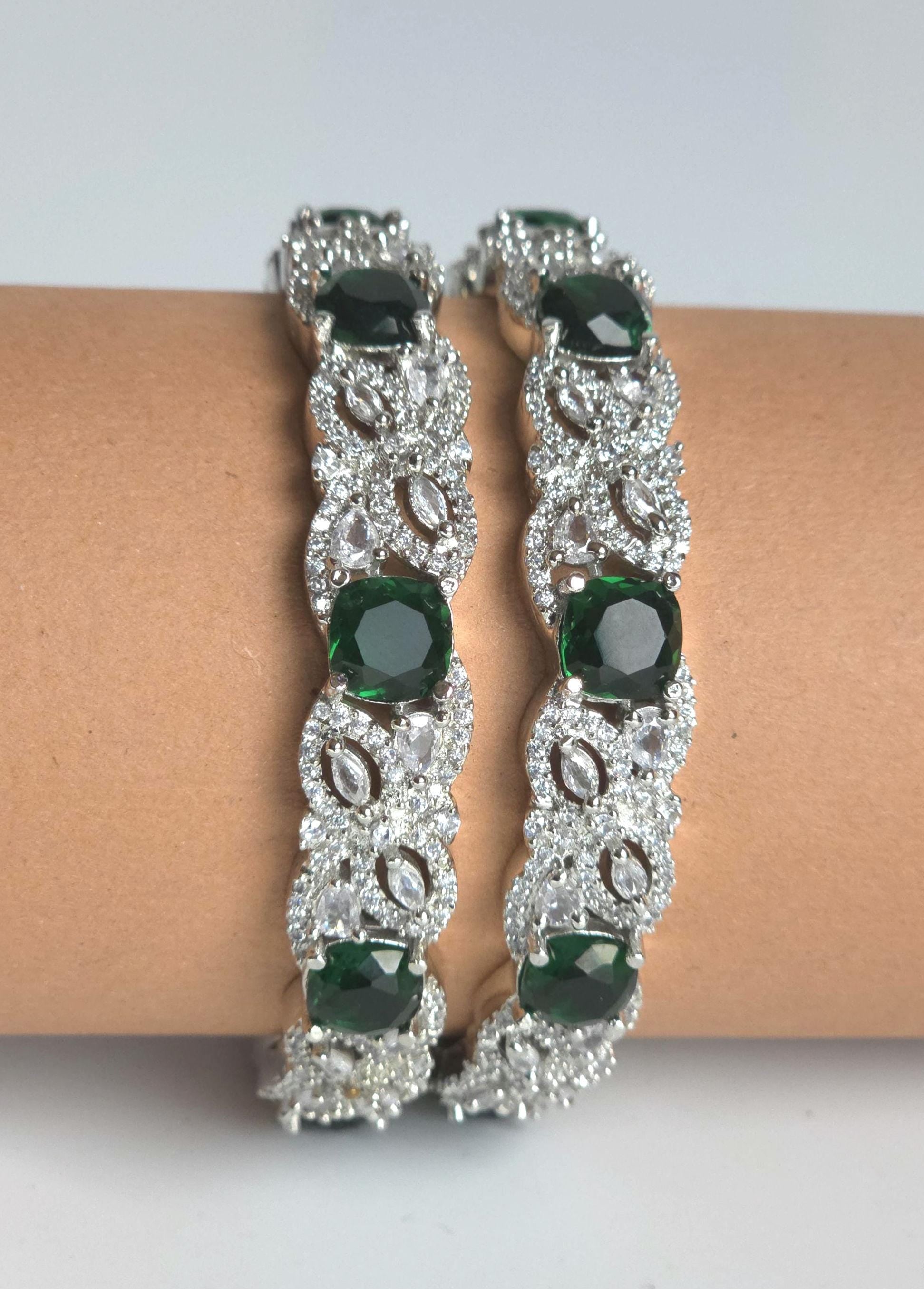 Green Floral AD Bangle Set, Emerald Stone Bracelet, Elegant Wedding Bangles for Festive & Bridesmaid Wear