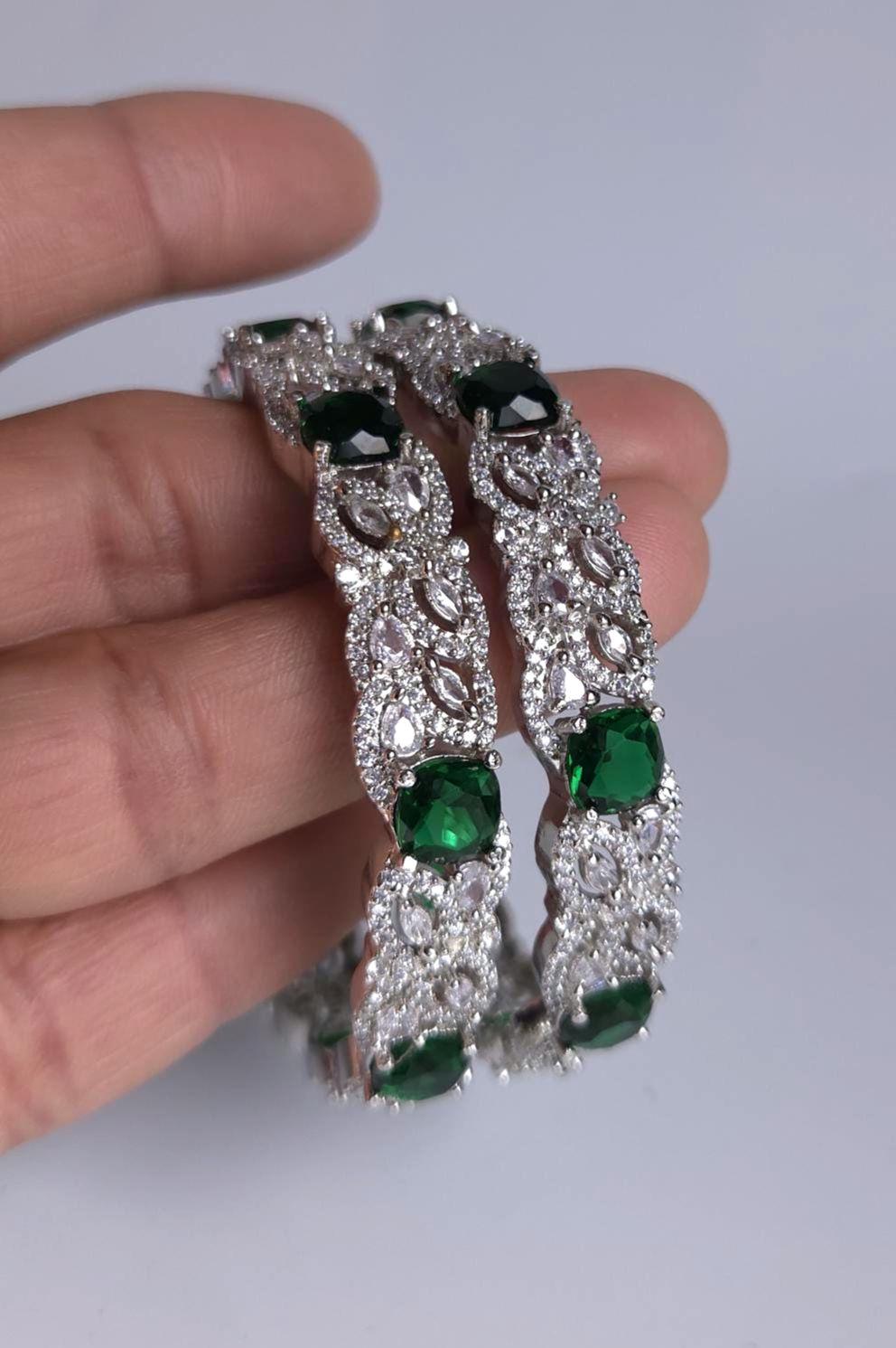 Green Floral AD Bangle Set, Emerald Stone Bracelet, Elegant Wedding Bangles for Festive & Bridesmaid Wear