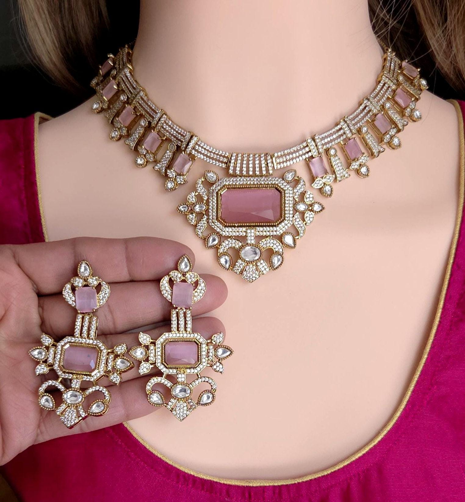 Pink Moissanite Bridal Necklace Set, Indian Wedding Jewelry, Statement Lehenga Necklace, Pakistani Nikkah Reception Jewelry