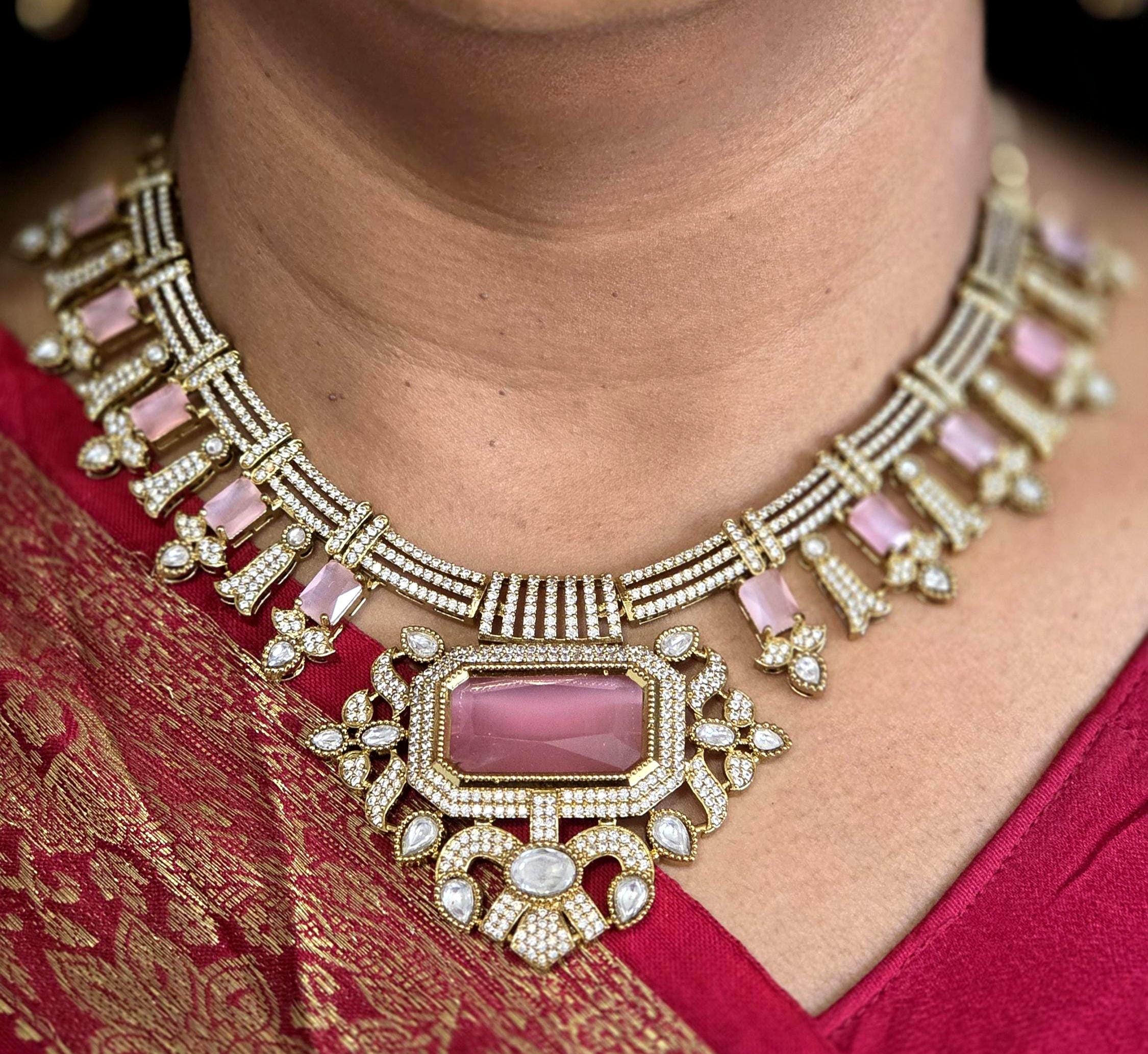 Pink Moissanite Bridal Necklace Set, Indian Wedding Jewelry, Statement Lehenga Necklace, Pakistani Nikkah Reception Jewelry