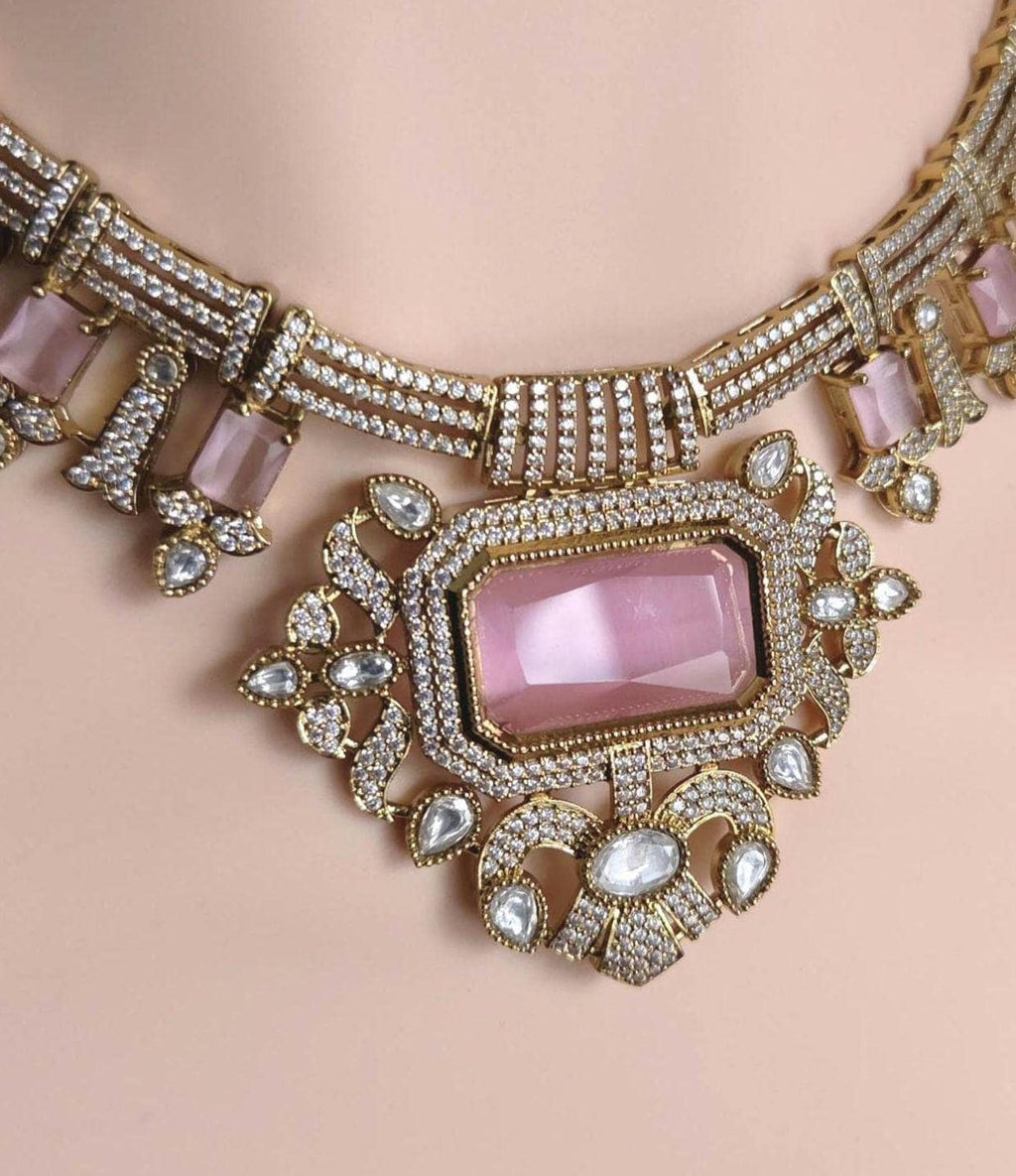 Pink Moissanite Bridal Necklace Set, Indian Wedding Jewelry, Statement Lehenga Necklace, Pakistani Nikkah Reception Jewelry