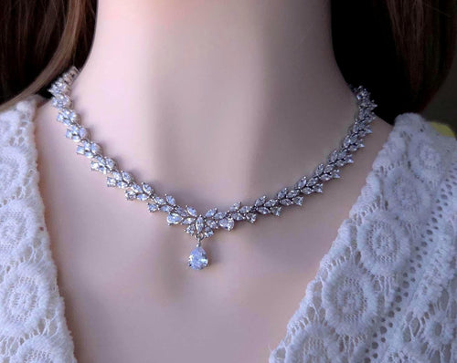 Bridal Teardrop CZ Necklace and Earring Set | Silver-Plated Wedding Jewelry