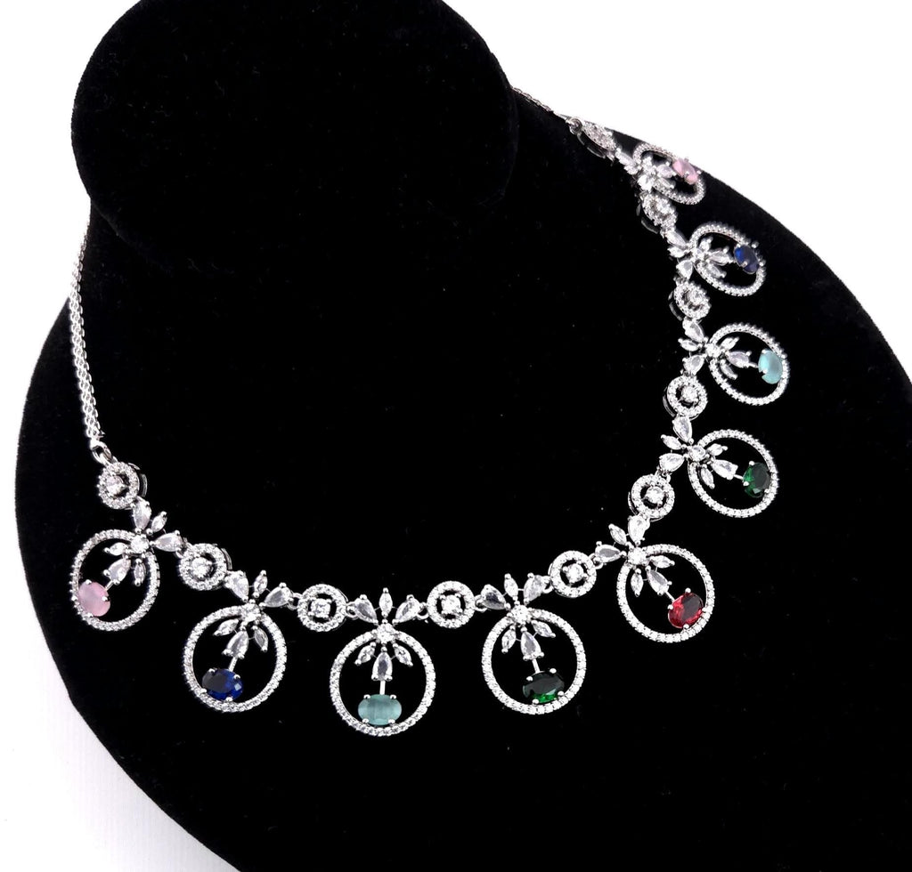 Statement CZ Necklace Set with Multi-Color Stones | Silver Plated Bridal Jewelry