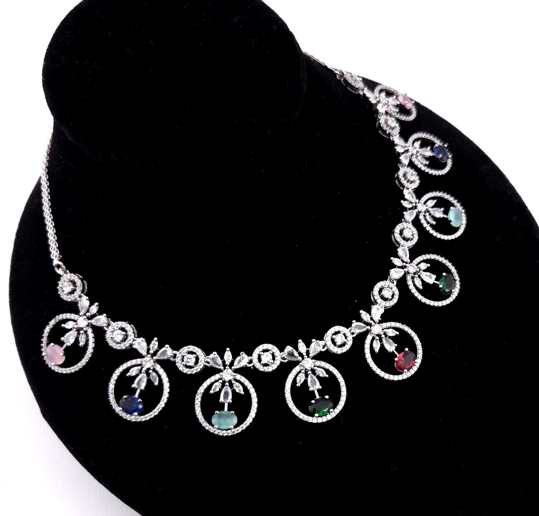 Statement CZ Necklace Set with Multi-Color Stones | Silver Plated Bridal Jewelry