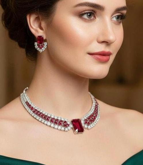 Ruby Red & Purple Emerald-Cut CZ Choker Necklace Set, Silver Bridal Statement Jewelry