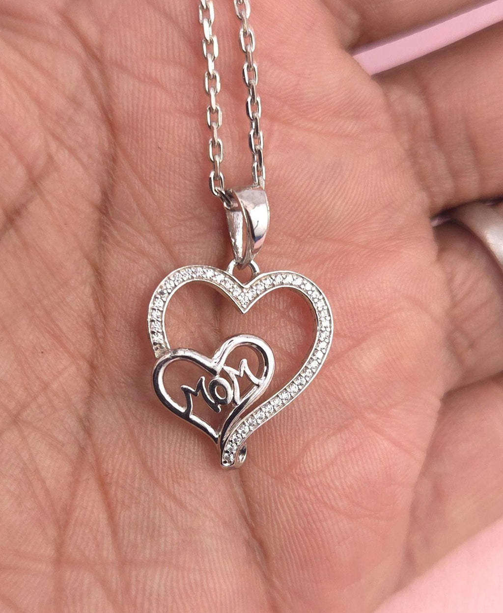 Sterling Silver Mom Heart Necklace with Cubic Zirconia, Minimalist Jewelry