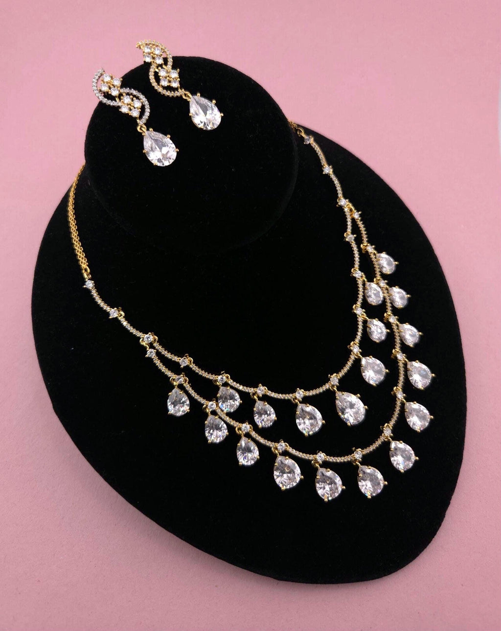 Gold Plated Layered Teardrop CZ Necklace Set with Earrings
