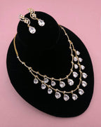 Gold Plated Layered Teardrop CZ Necklace Set with Earrings