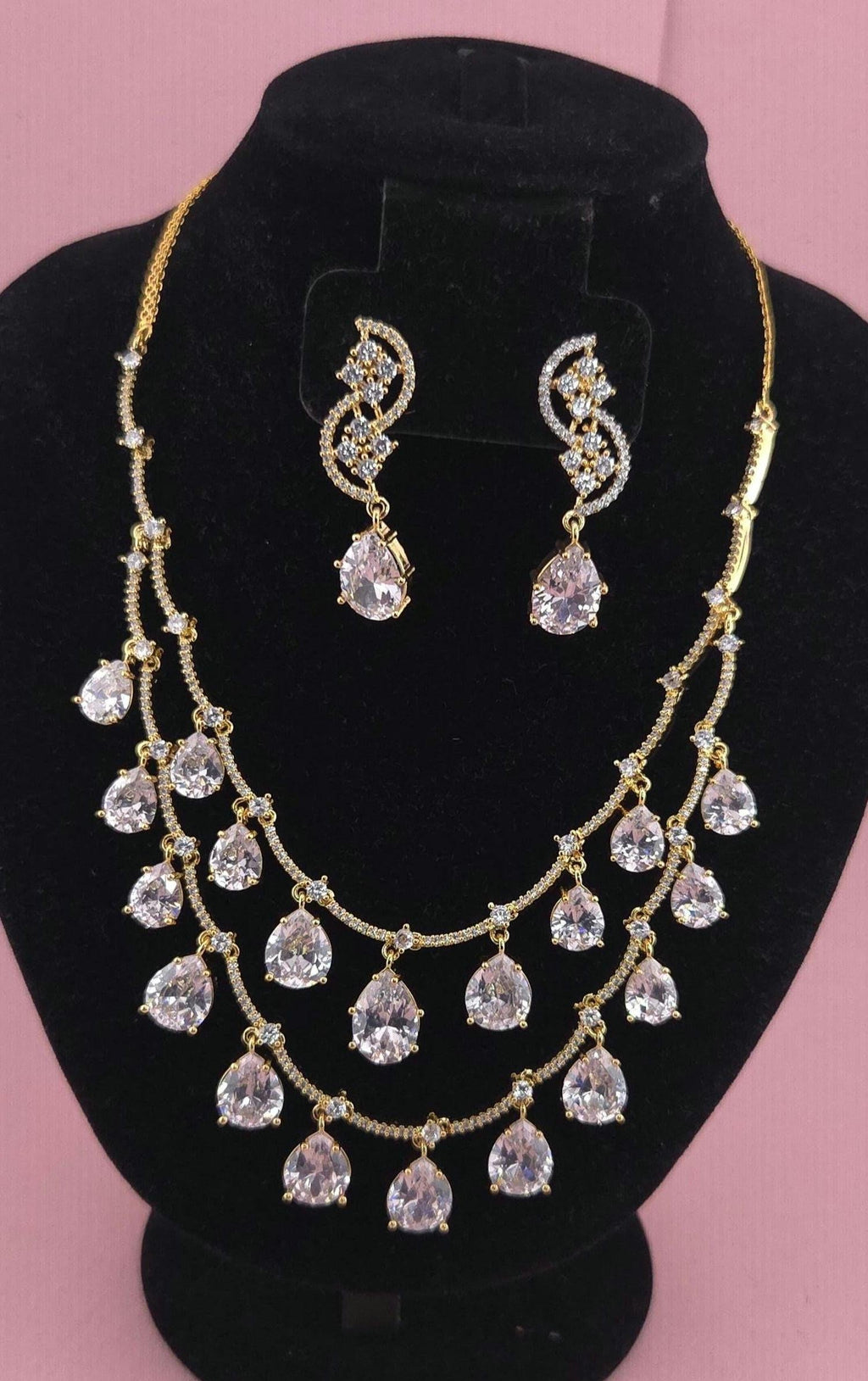 Gold Plated Layered Teardrop CZ Necklace Set with Earrings