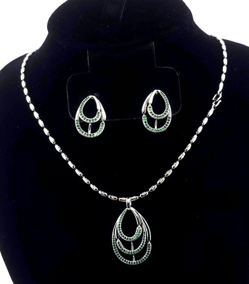CZ Pendant Necklace & Earrings Set – Pink or Green Zirconia, Wedding Jewelry