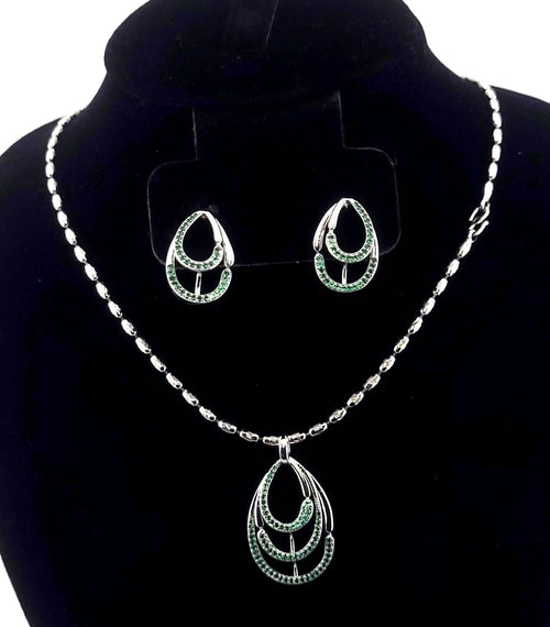 CZ Pendant Necklace & Earrings Set – Pink or Green Zirconia, Wedding Jewelry
